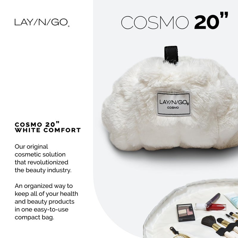 لاي-أن-جو منظم حقيبة مستحضرات التجميل والمكياج من Lay-n-Go Cosmo - حقيبة مكياج محمولة برباط مع حلقات مكياج بجيب بسحاب والمزيد - حقيبة أدوات زينة متينة قابلة للغسل في الغسالة (20 بوصة مريحة/أبيض) - Image 2